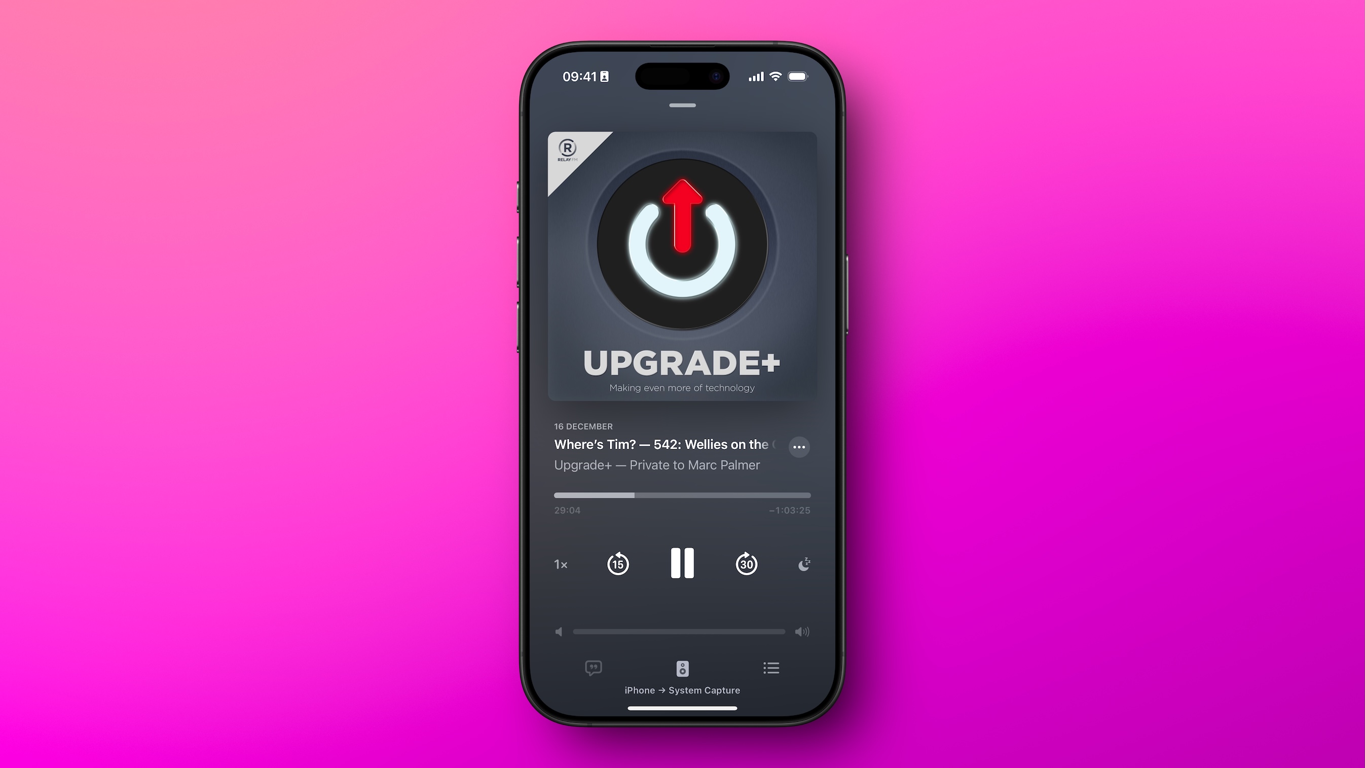 Upgrade podcast playing on an iPhone over a pink gradient