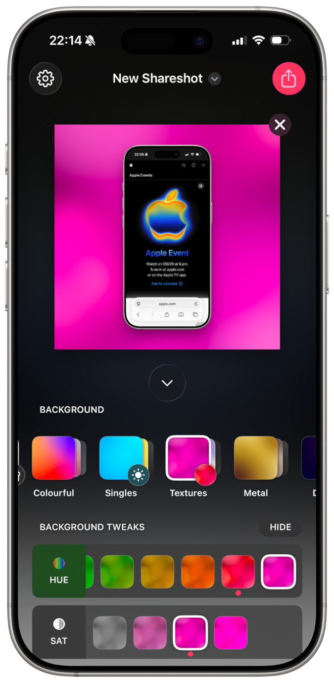 A screenshot of Shareshot 1.4 showing the style editor and the new background grouping stacks. It's a riot of colour frankly.