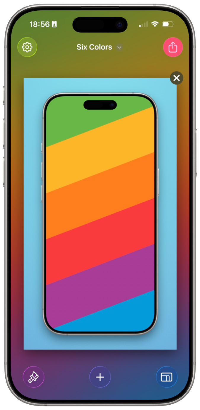 A screenshot of Shareshot 1.4 main screen showing the new large content area with a screenshot of an iPhone showing the Apple size colours wallpaper and smaller buttons at the bottom.