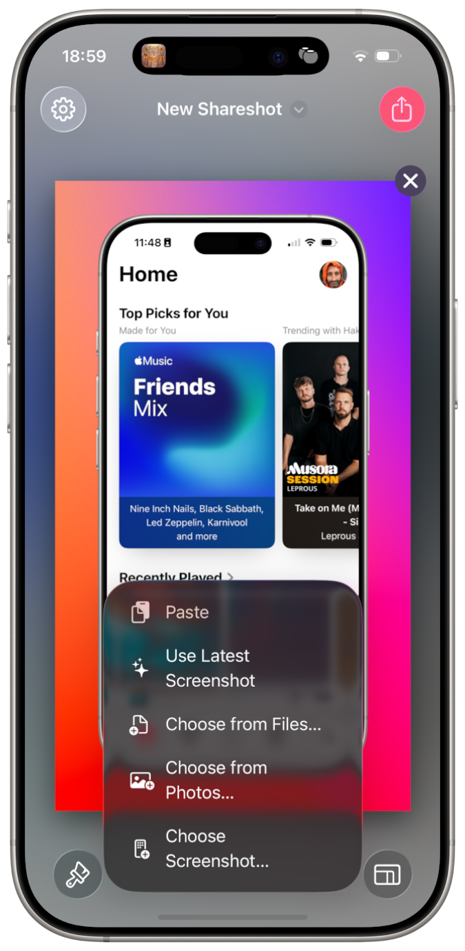 A screenshot of Shareshot 1.4 main screen showing the new liquid glass context menu.