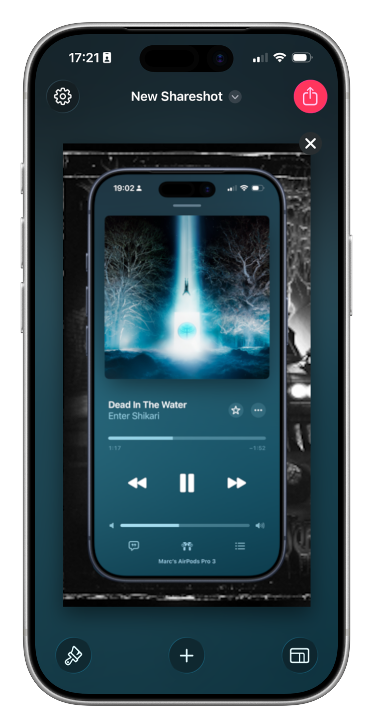 A screenshot of Shareshot showing the share button at the top right.