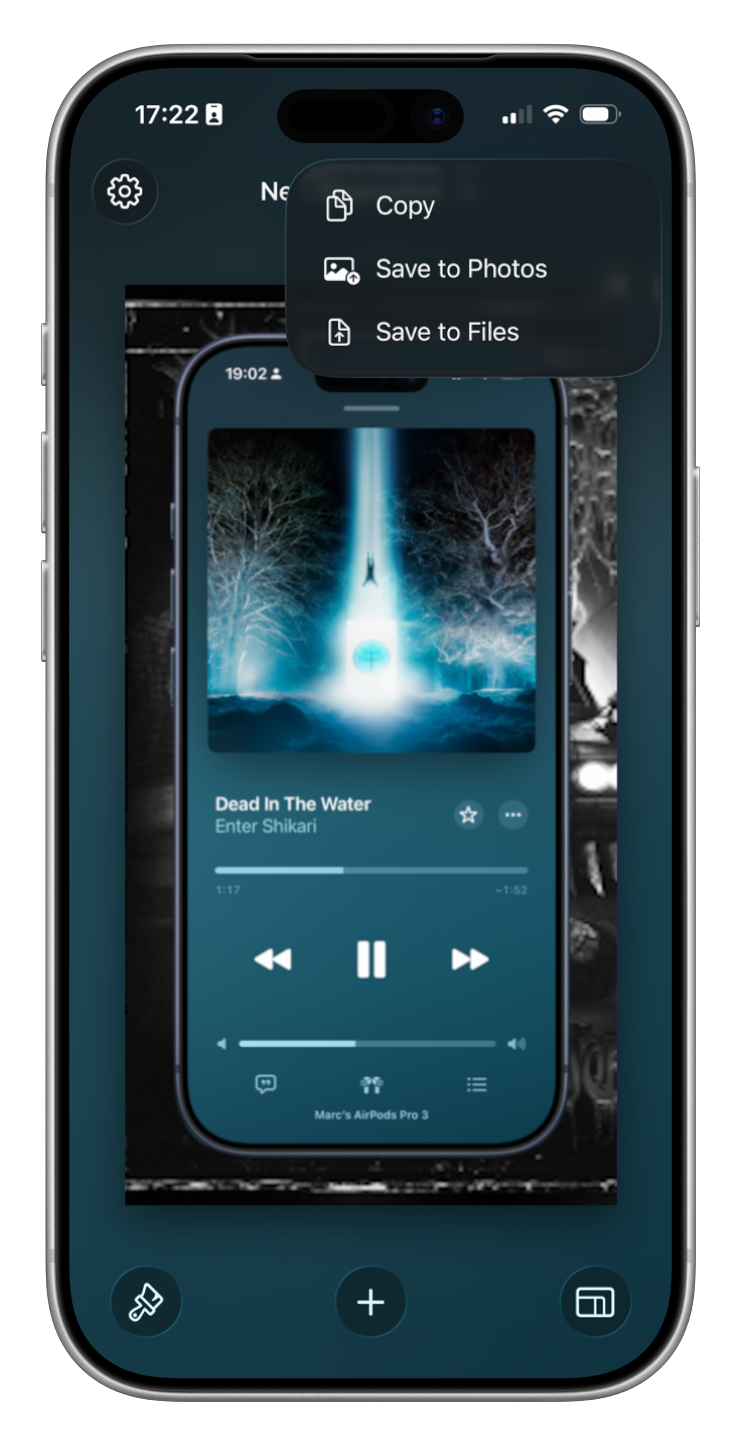 A screenshot of Shareshot showing the share button long press menu at the top right.