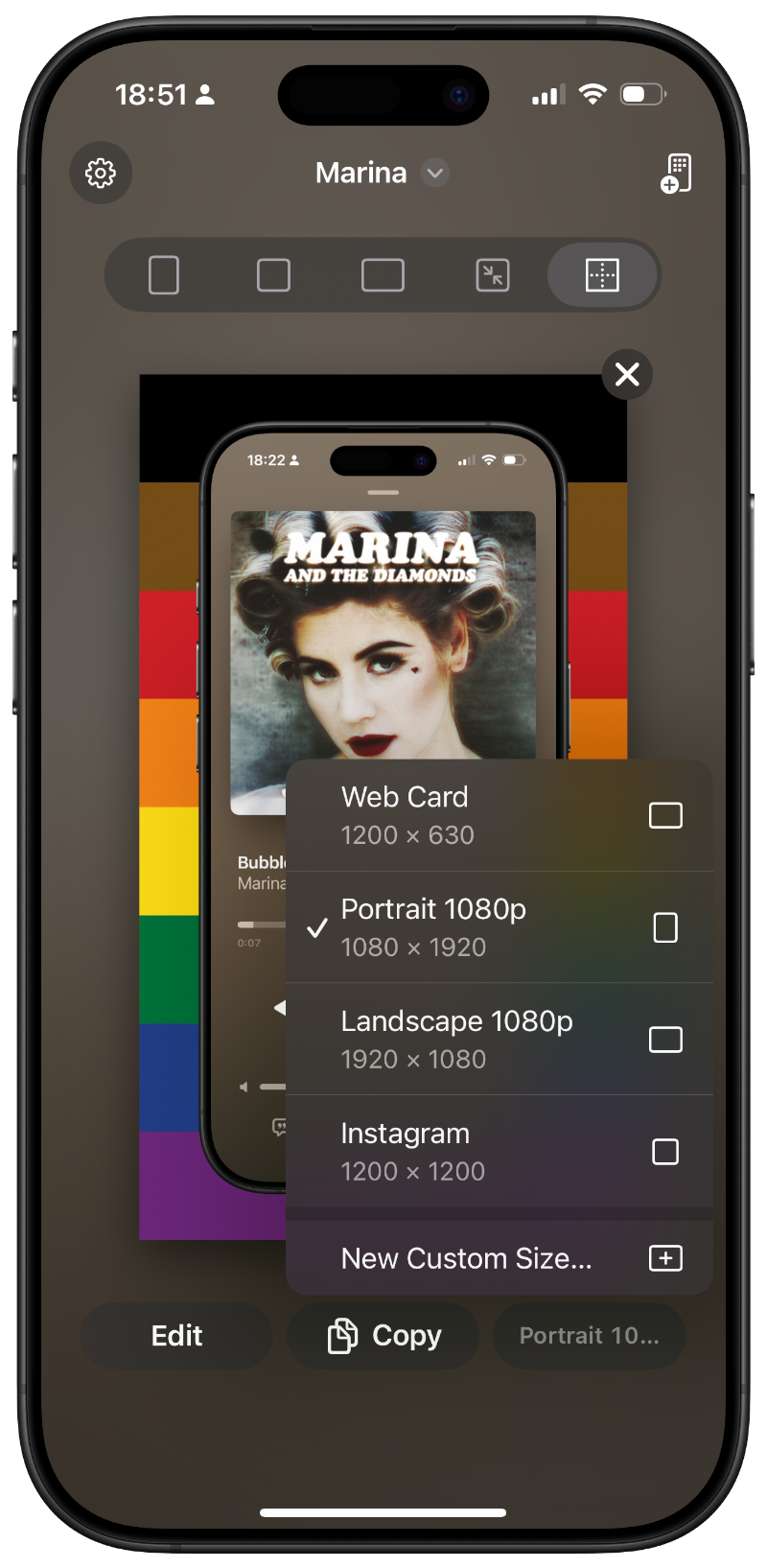 A screenshot of Shareshot showing the resolution selector when in custom size mode