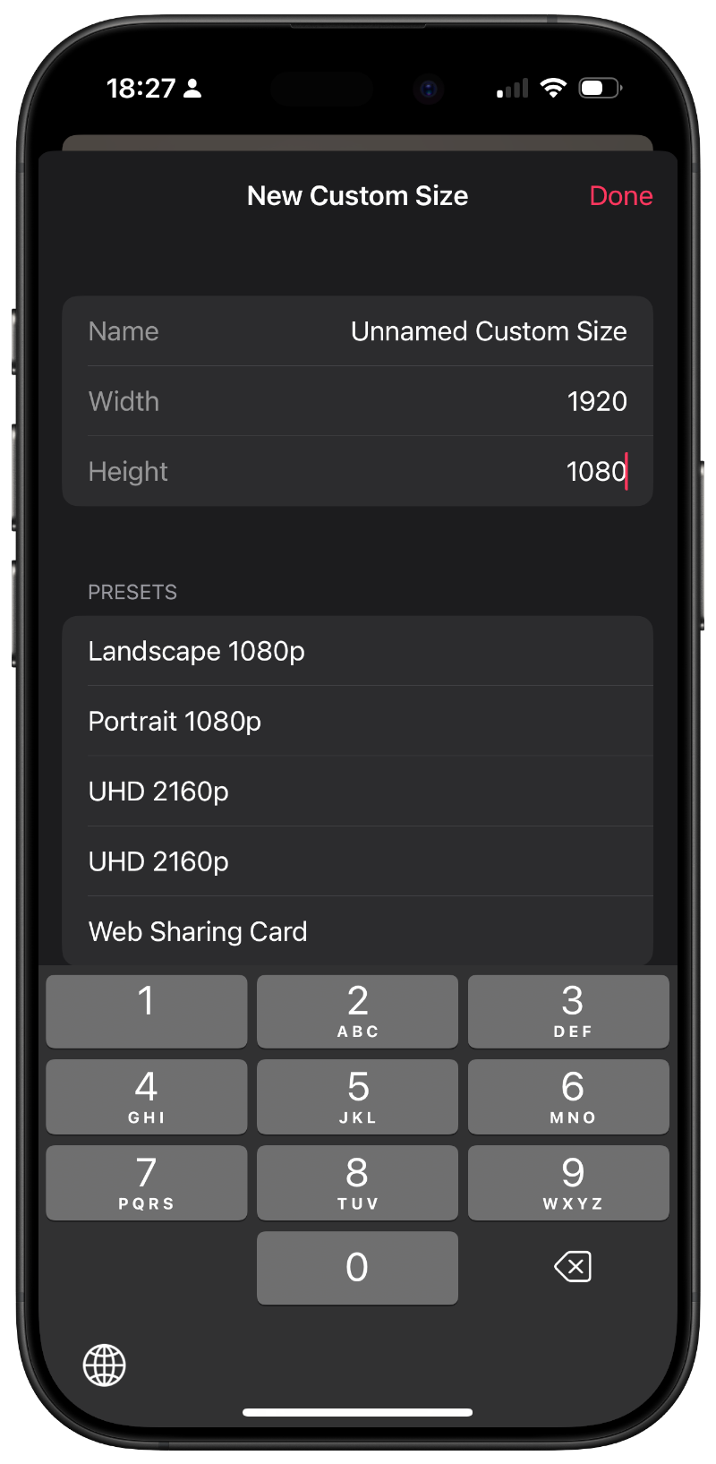 A screenshot of Shareshot showing the new custom size screen