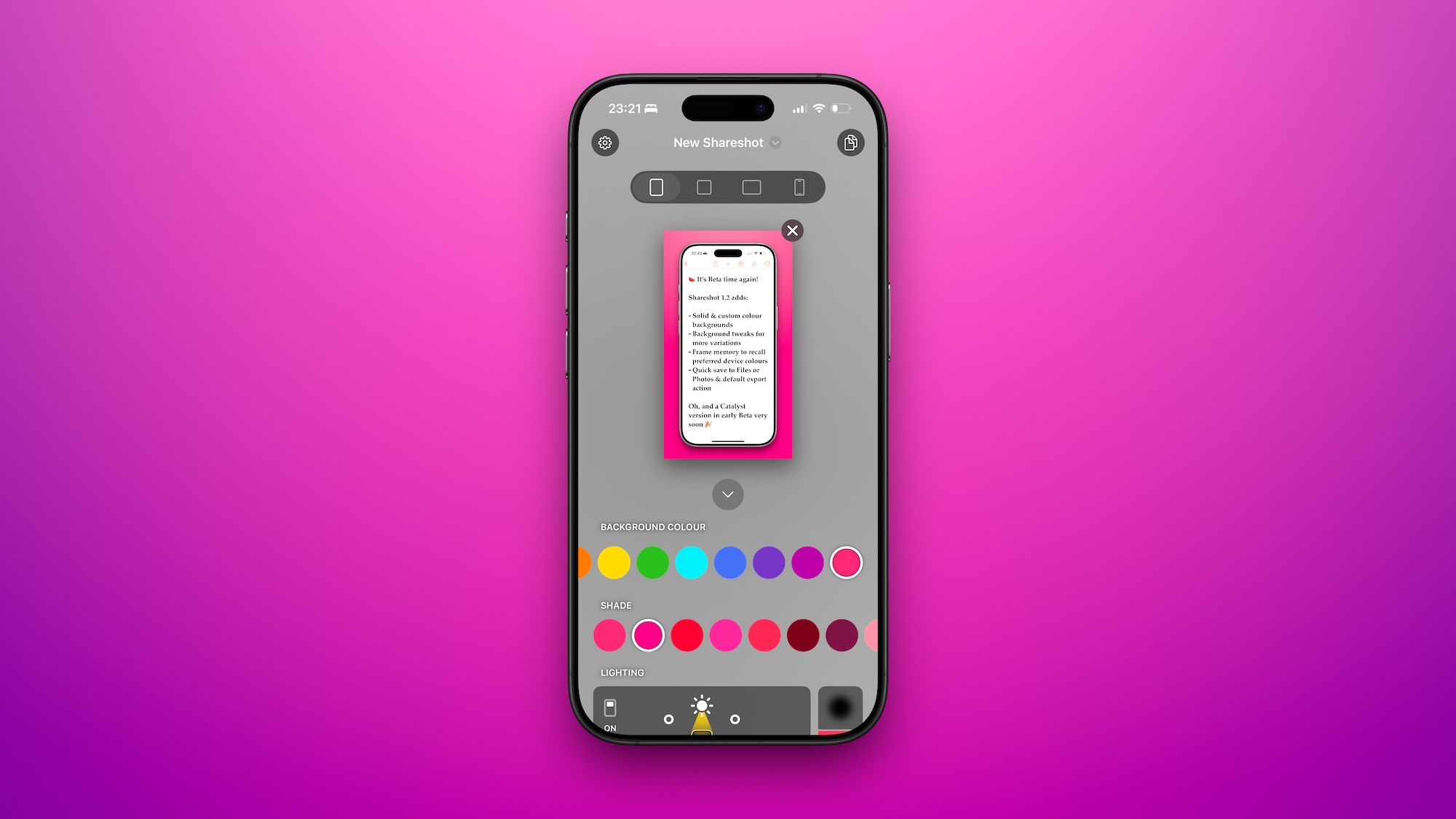 A screenshot of Shareshot showing the new solid colour background swatches