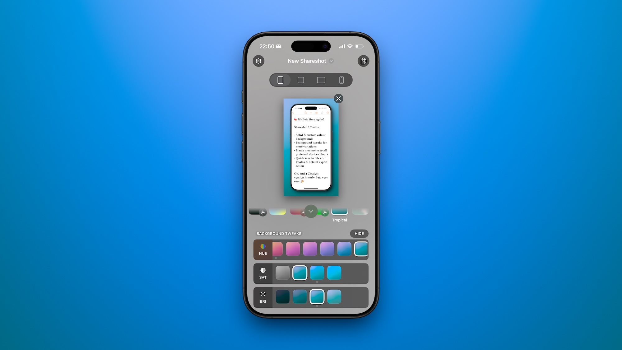 A screenshot of Shareshot showing the background tweaks UI for hue, saturation and brightness