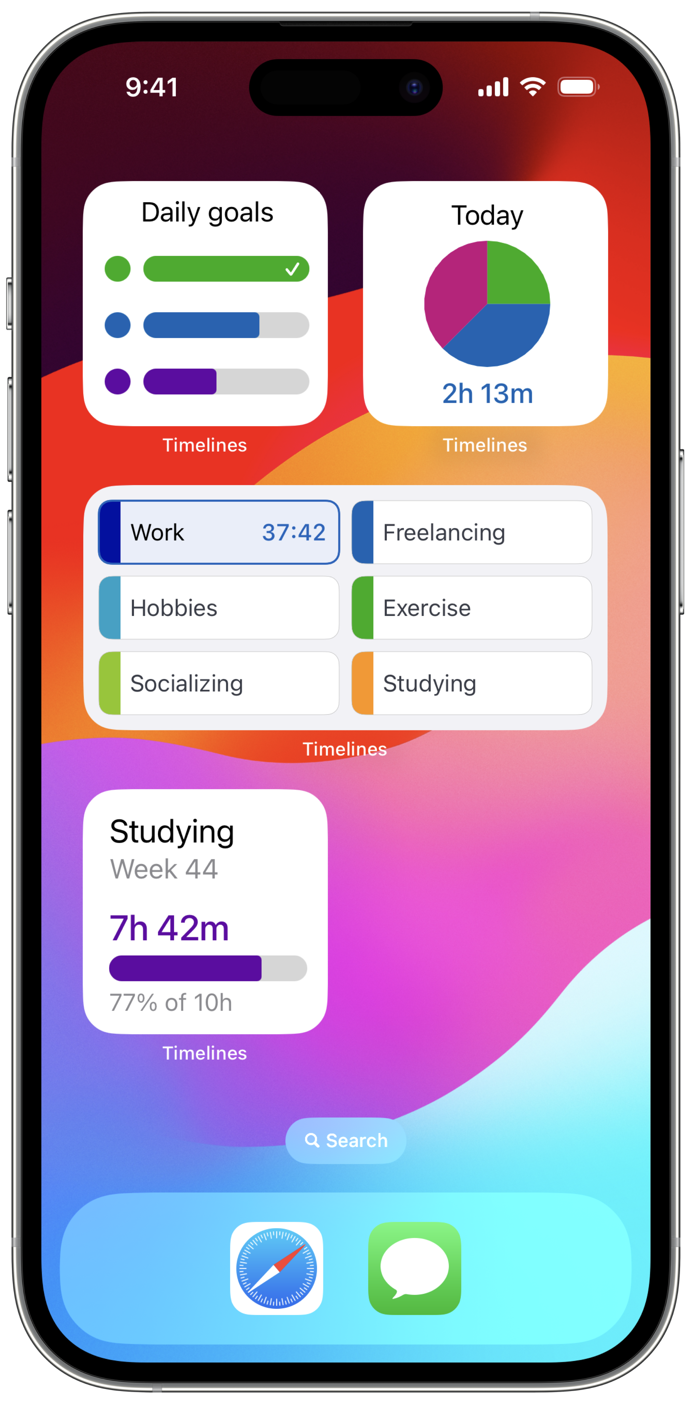 A screenshot of an iPhone home screen showing Timelines app's widgets