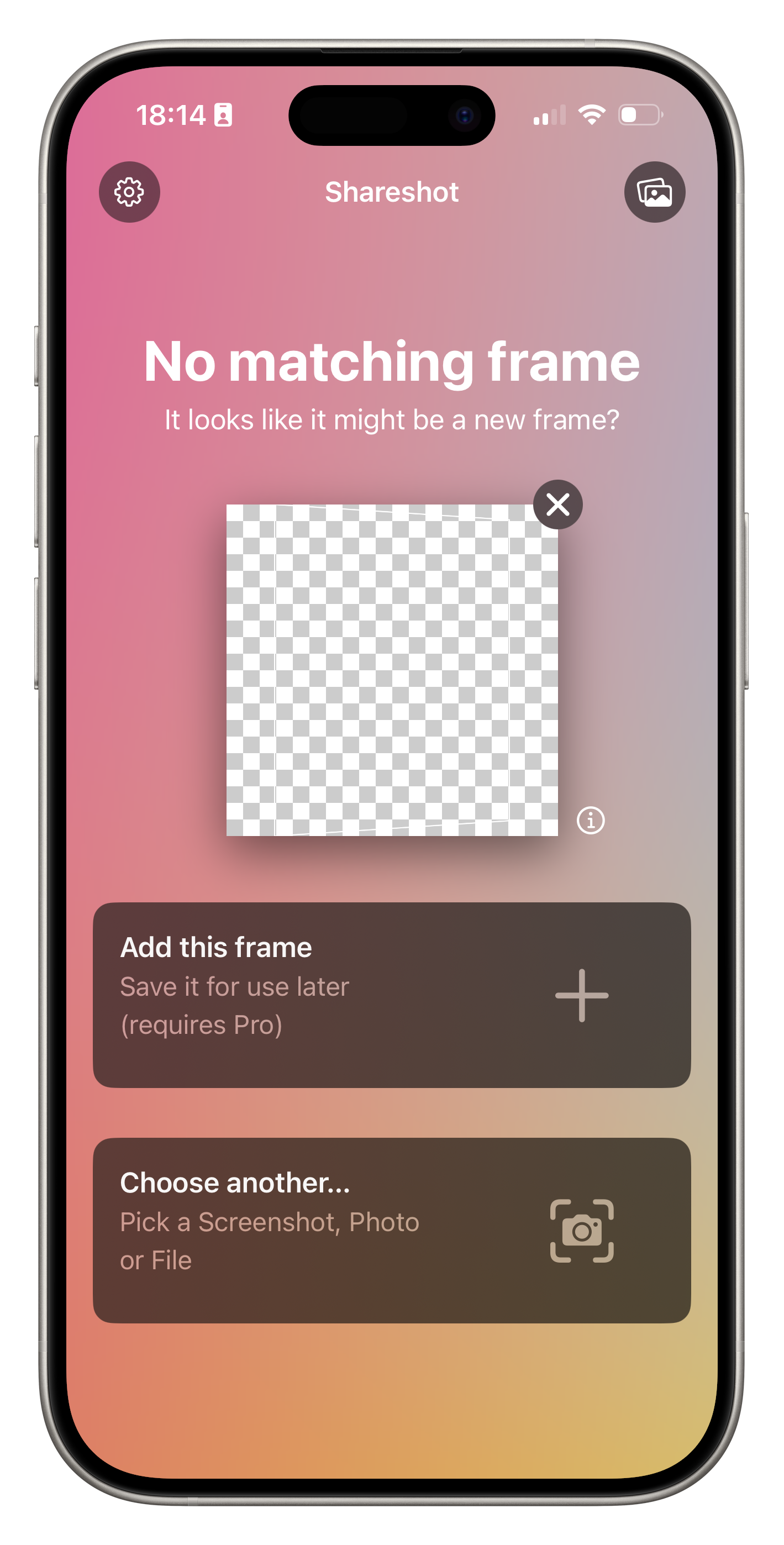 Screenshot of the "Add Frame" screen in Shareshot