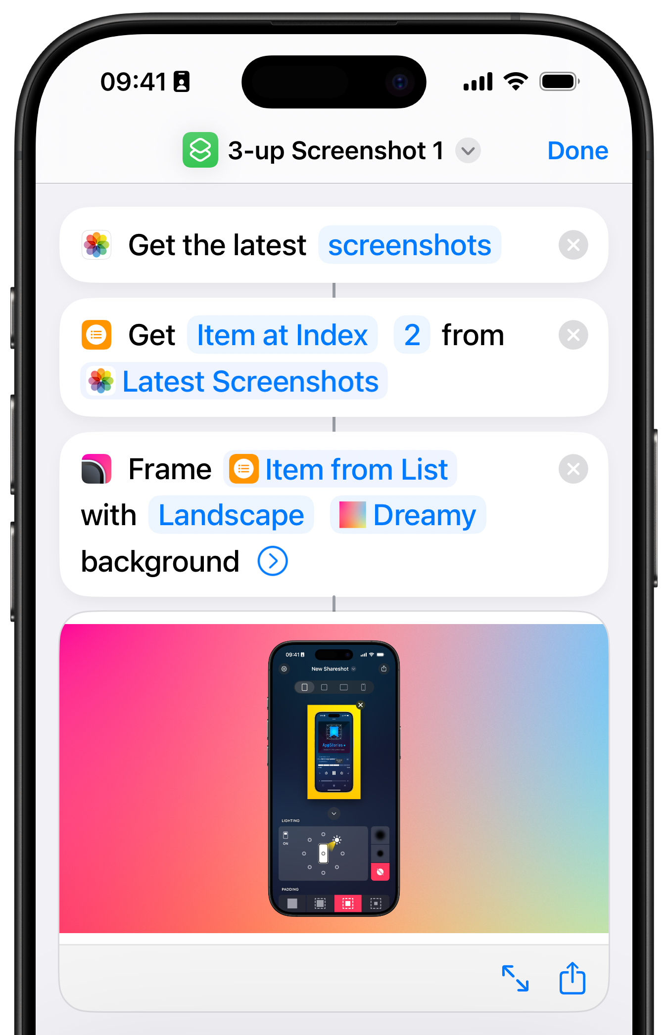 Shortcuts app actions for getting 3 screenshots and framing the 2nd in a landscape image