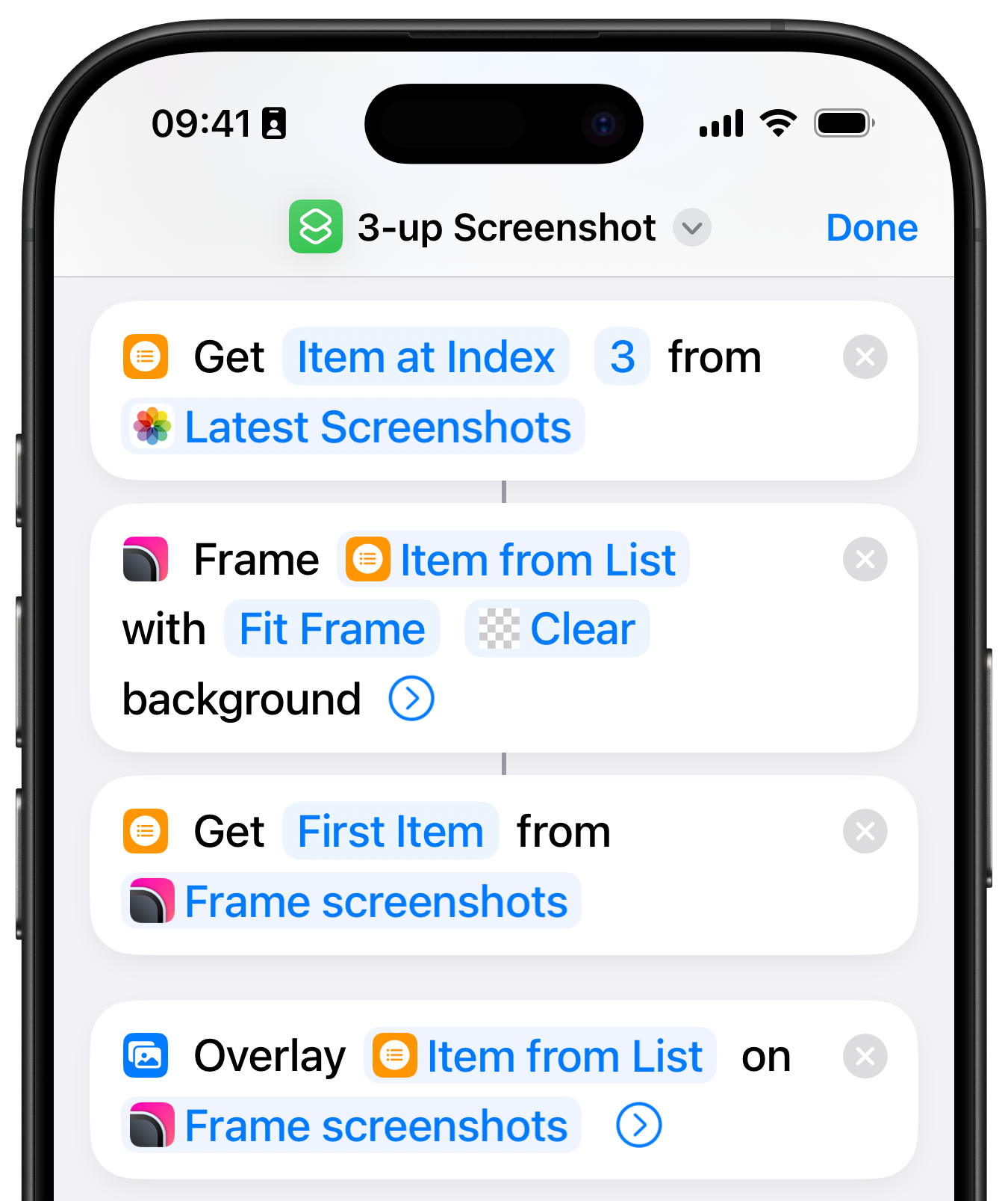 Shortcuts app actions for getting 3 screenshots and framing the 2nd in a landscape image