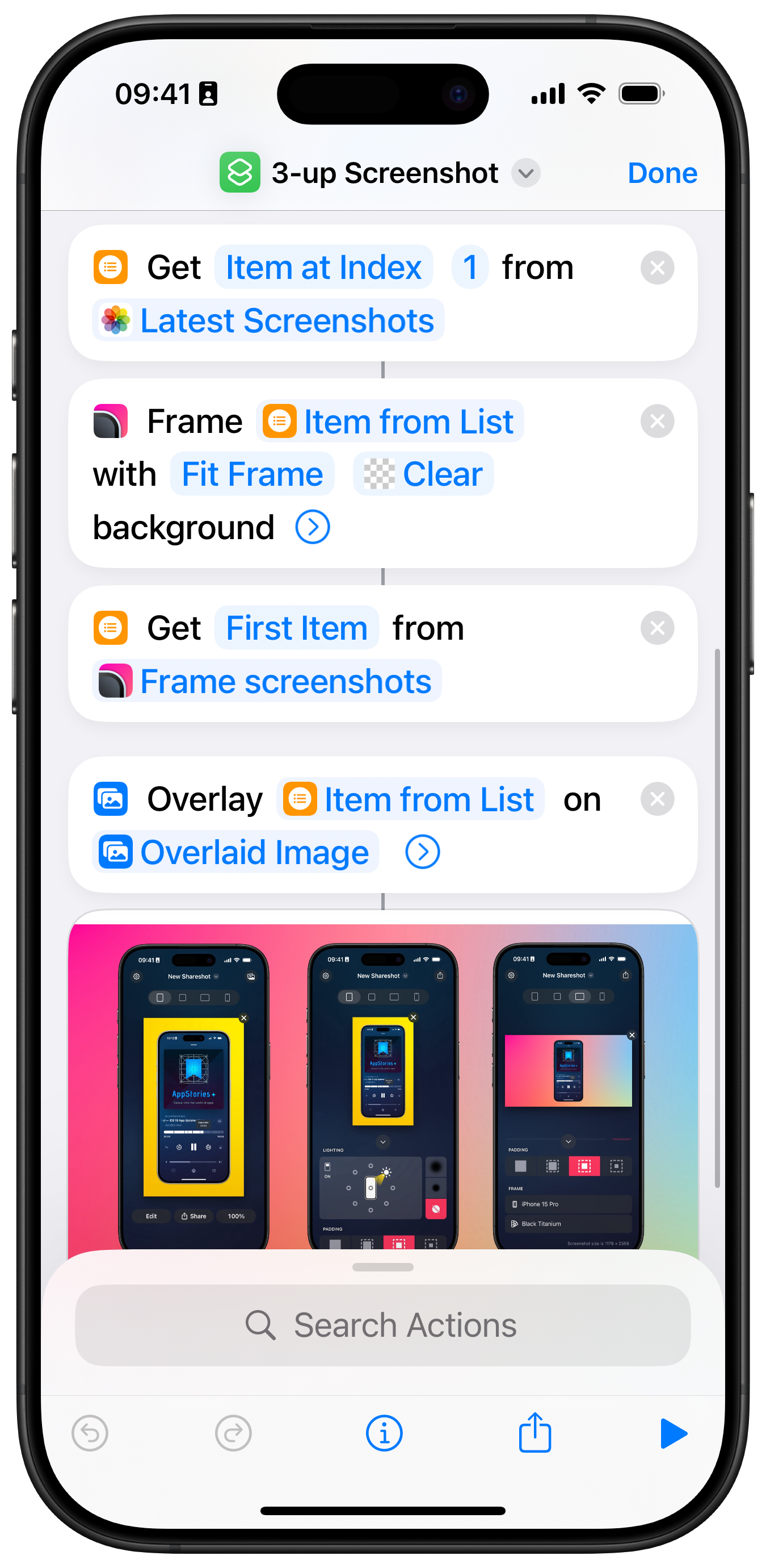 Shortcuts app actions for getting 3 screenshots and framing the 2nd in a landscape image