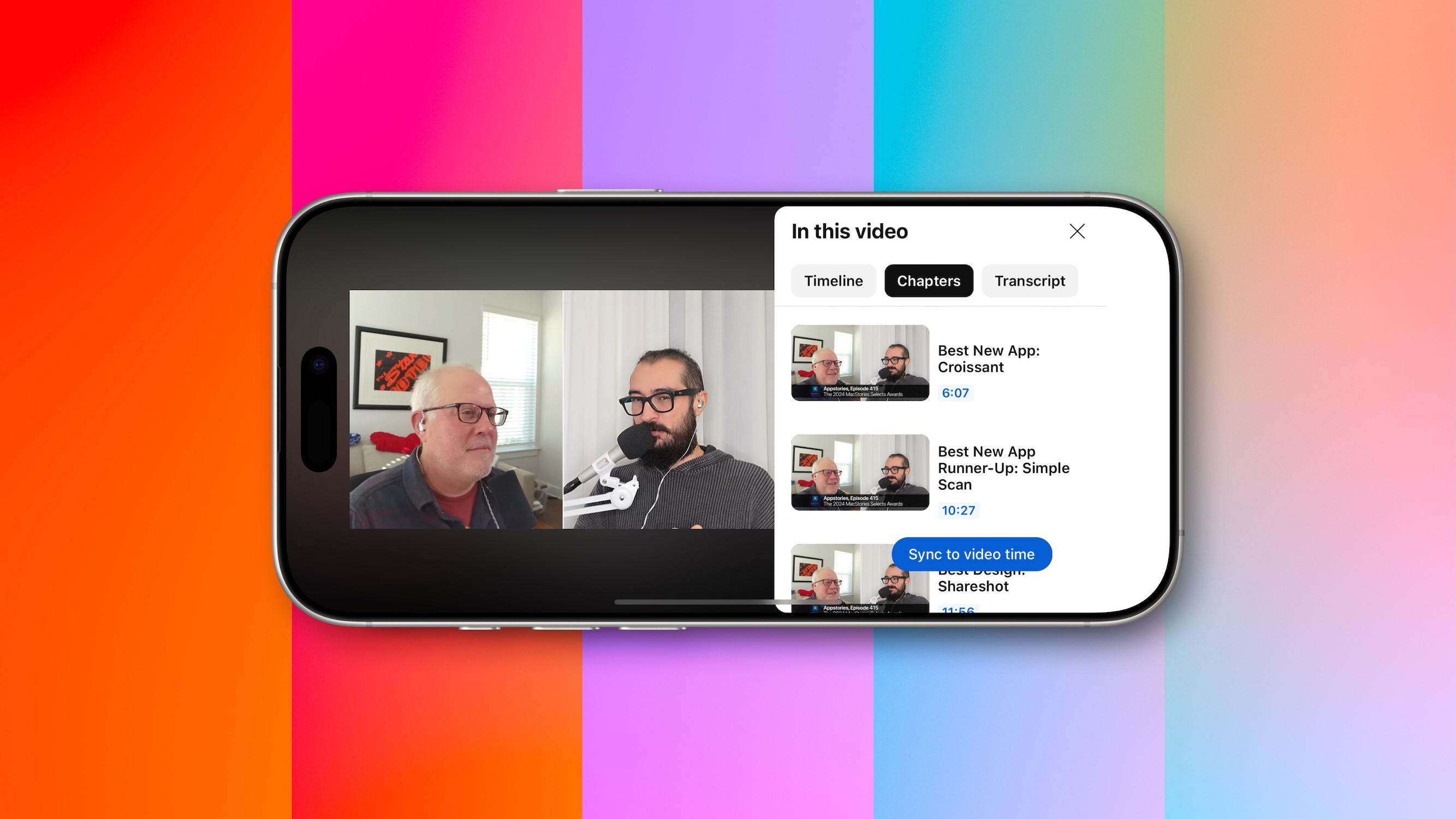 Header image showing a framed screenshot of AppStories podcast on YouTube for the MacStories Selects Awards 2024 over a background made by Shareshot but with multiple strips of the background having the colour adjusted using the hue tweaks feature. You can't actually make this kind of background, it's for marketing purposes to show the range of variation you can get.