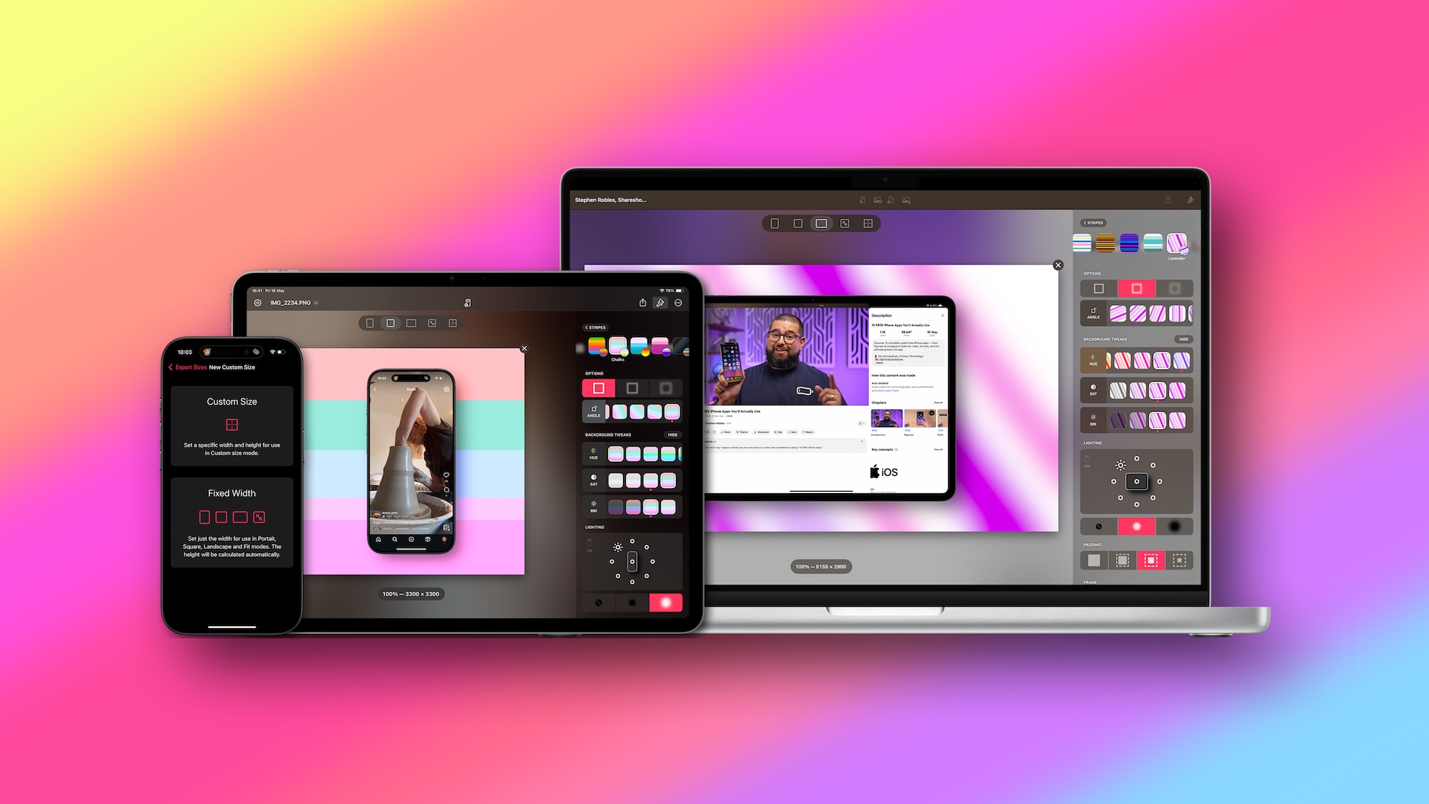 Header image showing striped backgrounds and custom export size UI