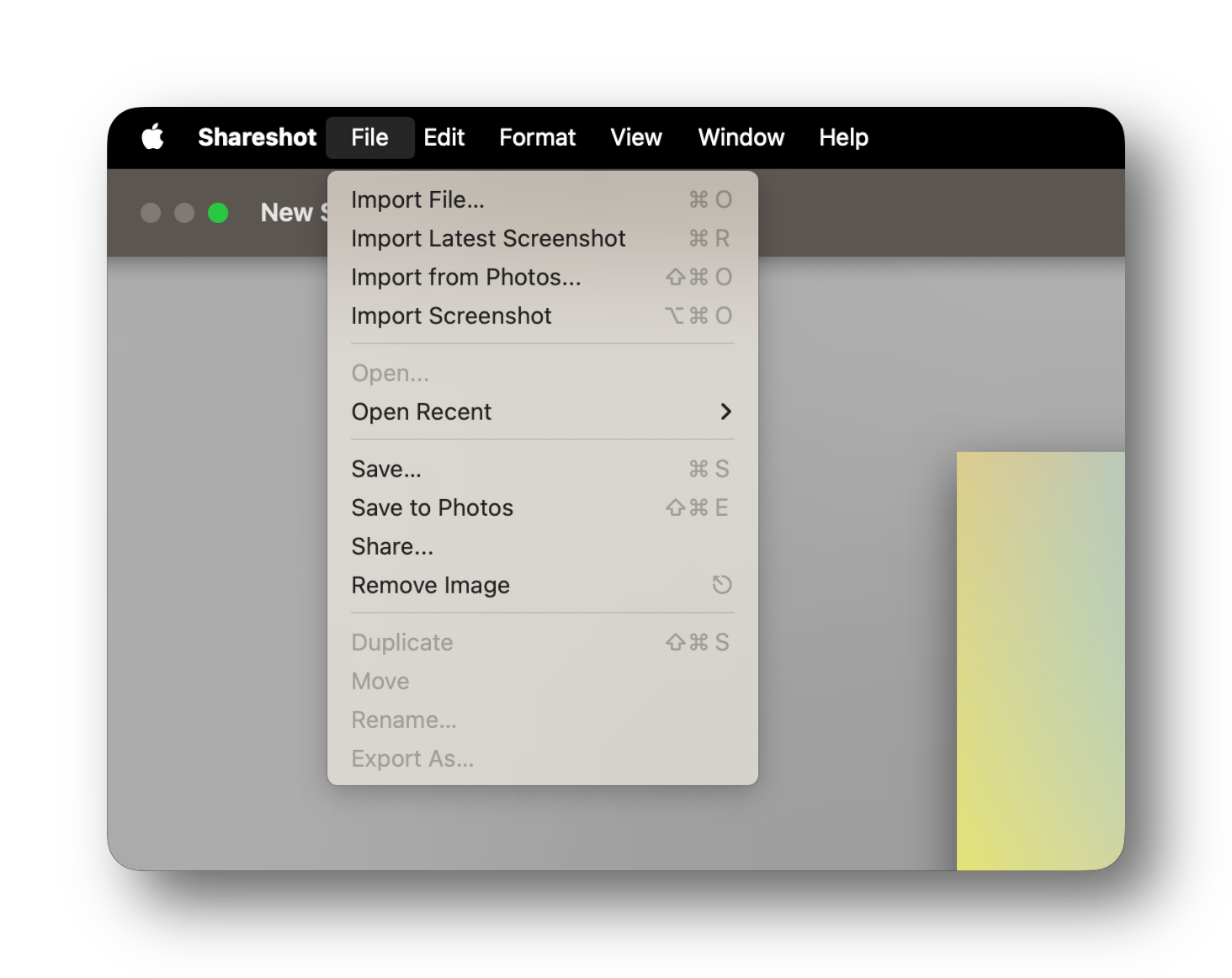 A screenshot showing Shareshot's File menu on Mac with options for Import File.., Import Latest Screenshot, Save.. and so on.