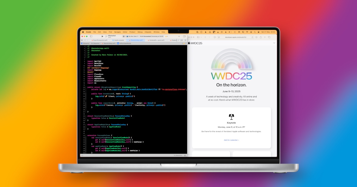 Header image showing a MacBook Pro running Xcode and viewing the WWDC website