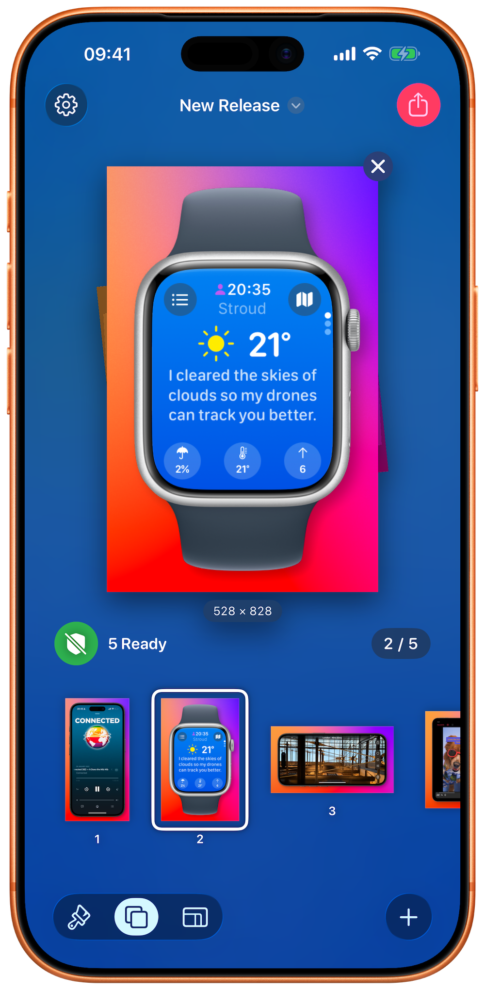Screenshot of Shareshot showing an iPhone 15 Pro with a screenshot of Apple Podcasts showing an episode of Connected, with a blue background.